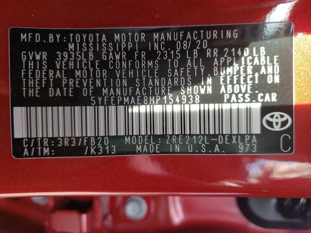2021 TOYOTA COROLLA LE 5YFEPMAE8MP154938