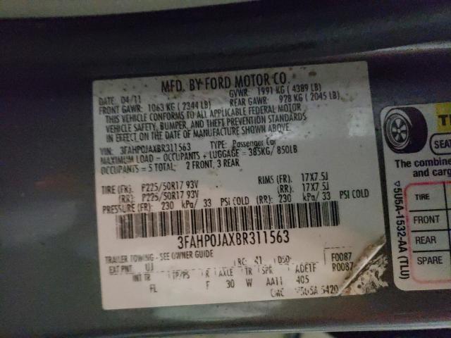 2011 FORD FUSION 3FAHP0JAXBR311563