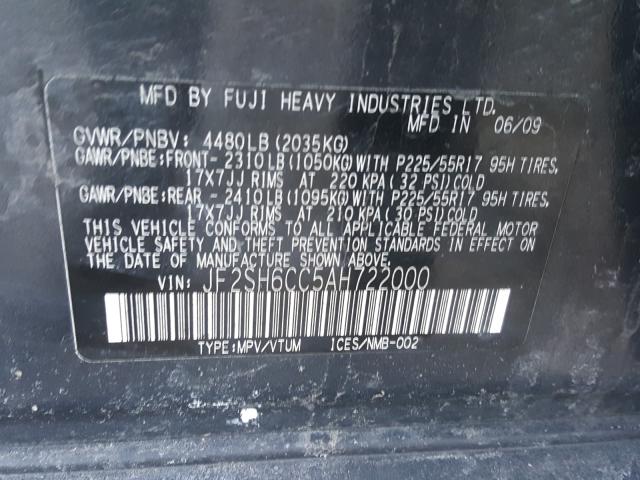 2010 SUBARU FORESTER JF2SH6CC5AH722000