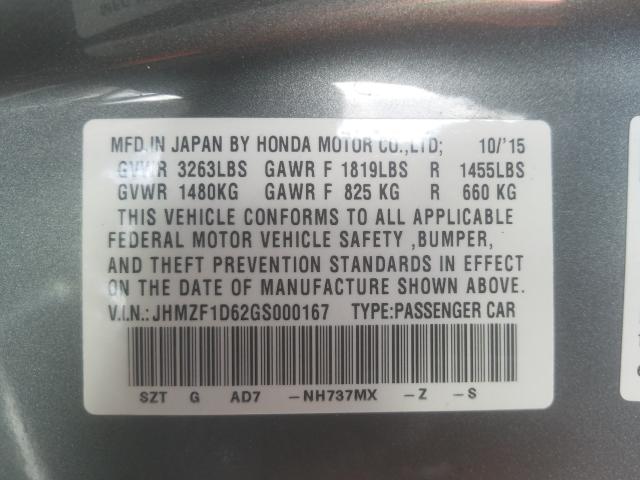 2016 HONDA CR-Z EX JHMZF1D62GS000167