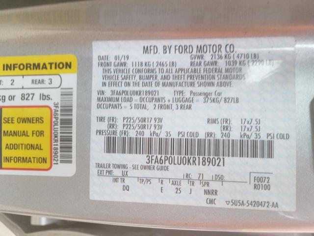 2019 FORD FUSION SE 3FA6P0LU0KR189021