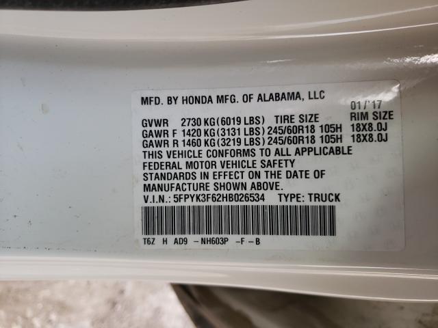2017 HONDA RIDGELINE 5FPYK3F62HB026534