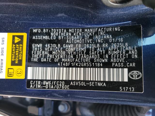 2016 TOYOTA CAMRY LE 4T4BF1FK2GR551184