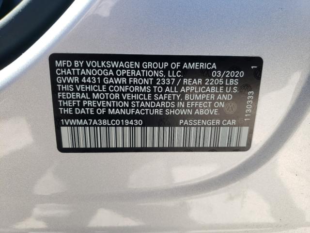 2020 VOLKSWAGEN PASSAT R-L 1VWMA7A38LC019430