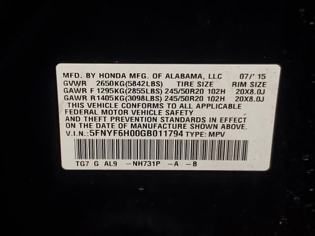 2016 HONDA PILOT ELIT 5FNYF6H00GB011794