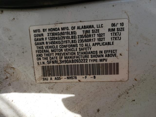 2010 HONDA ODYSSEY TO 5FNRL3H90AB093222