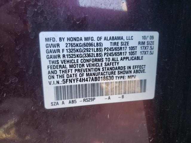 2010 HONDA PILOT EX 5FNYF4H47AB018630