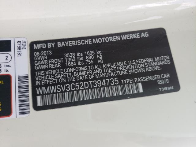 2013 MINI COOPER WMWSV3C52DT394735