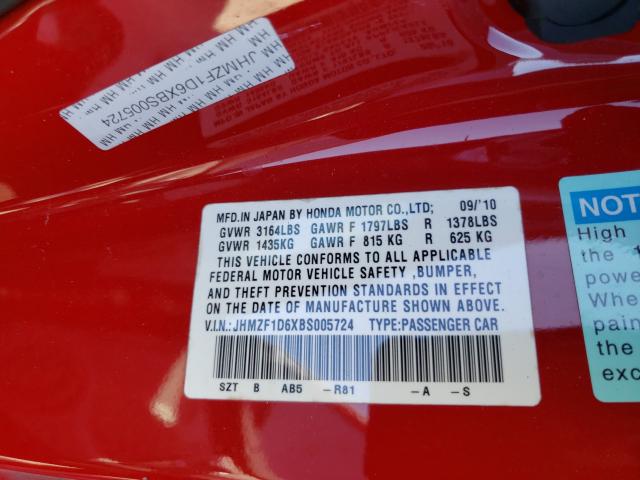 2011 HONDA CR-Z EX JHMZF1D6XBS005724