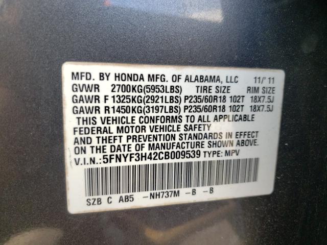 2012 HONDA PILOT EX 5FNYF3H42CB009539