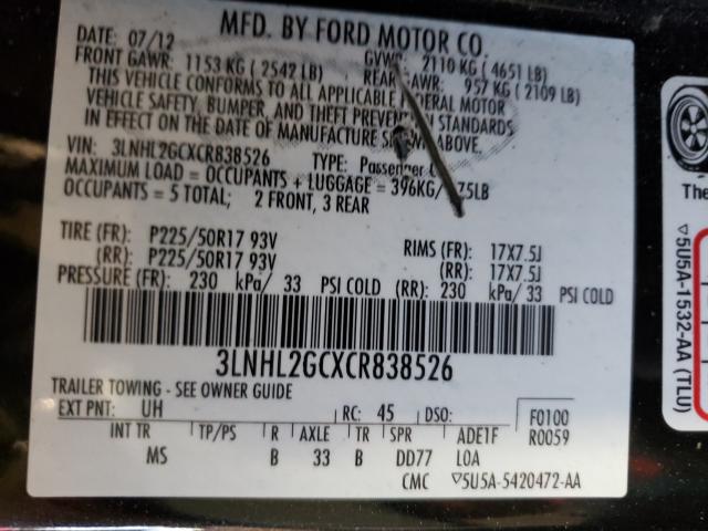 2012 LINCOLN MKZ 3LNHL2GCXCR838526