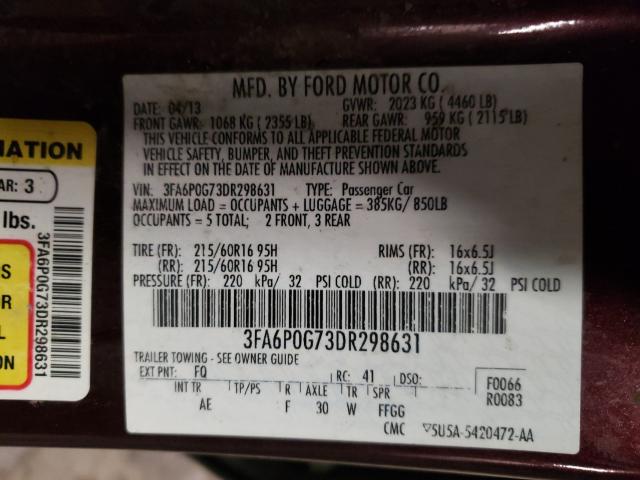 2013 FORD FUSION S 3FA6P0G73DR298631