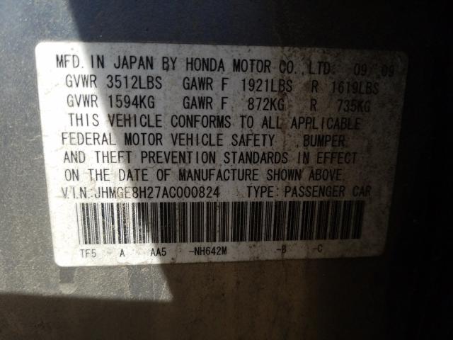 2010 HONDA FIT JHMGE8H27AC000824