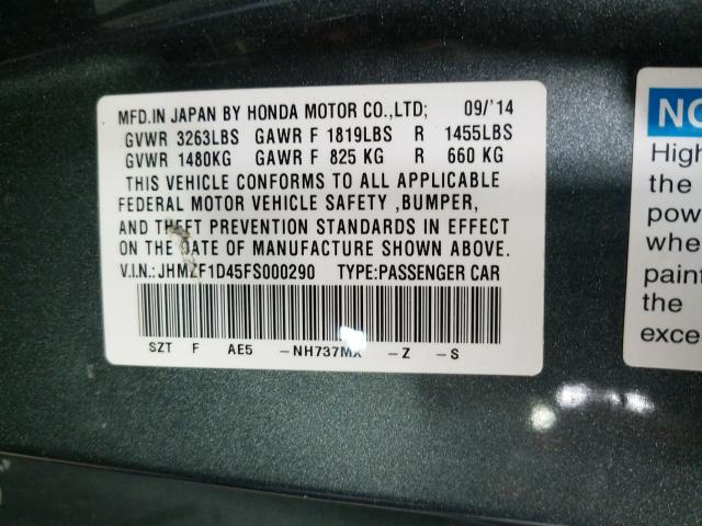 2015 HONDA CR-Z JHMZF1D45FS000290