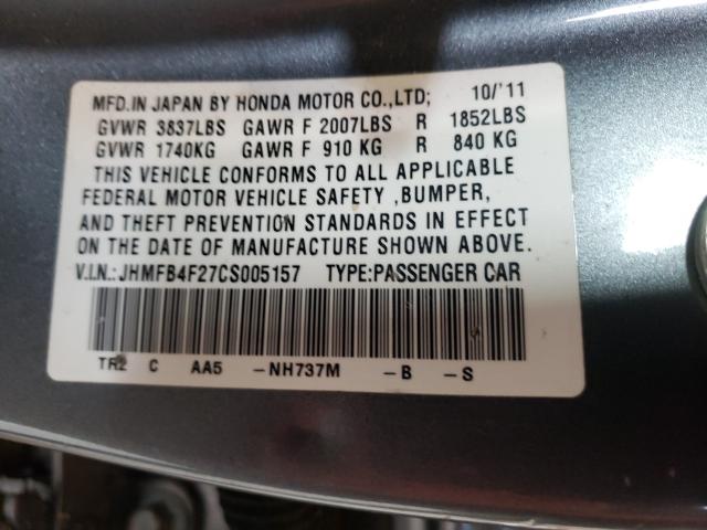 2012 HONDA CIVIC HYBR JHMFB4F27CS005157