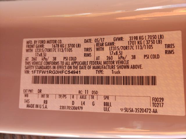 2017 FORD F150 RPTOR 1FTFW1RG3HFC54941