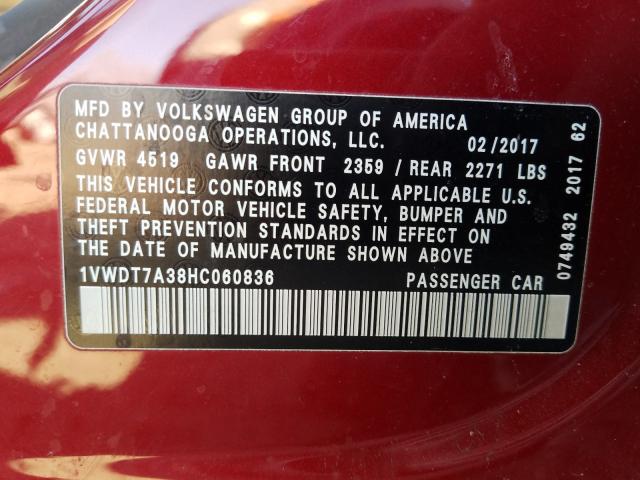 2017 VOLKSWAGEN PASSAT R-L 1VWDT7A38HC060836