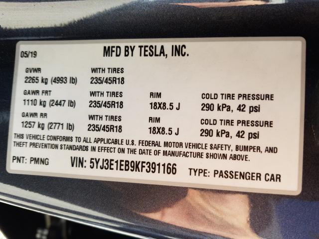 2019 TESLA MODEL 3 5YJ3E1EB9KF391166