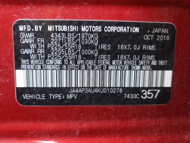 2019 MITSUBISHI OUTLANDER JA4AP3AU4KU010278