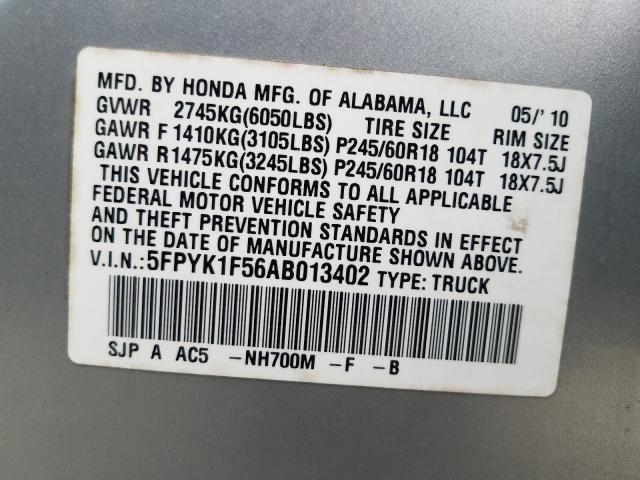 2010 HONDA RIDGELINE 5FPYK1F56AB013402