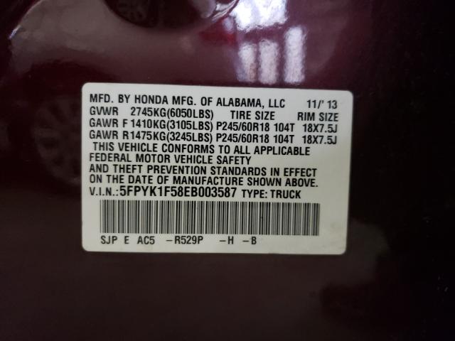 2014 HONDA RIDGELINE 5FPYK1F58EB003587