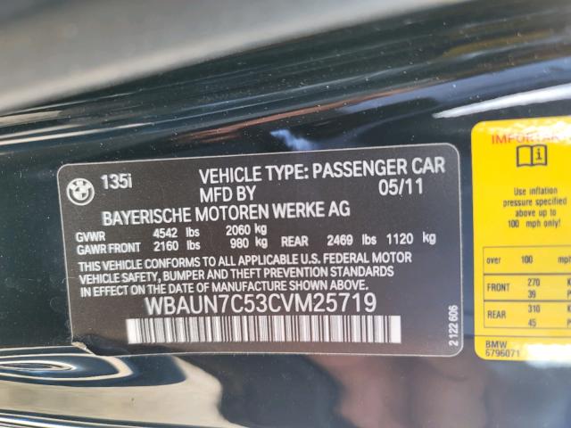 2012 BMW 135 I WBAUN7C53CVM25719