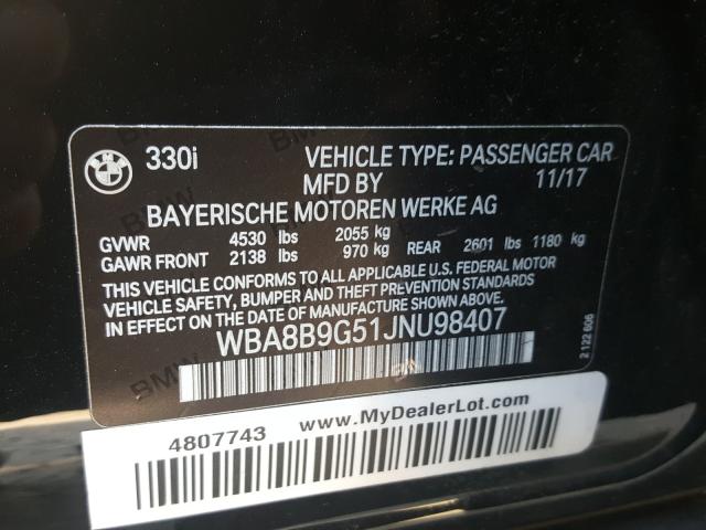 2018 BMW 330 I WBA8B9G51JNU98407