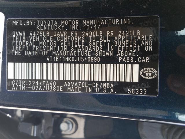 2018 TOYOTA CAMRY L 4T1B11HK0JU540990