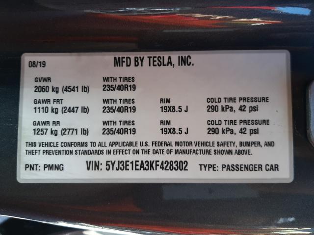 2019 TESLA MODEL 3 5YJ3E1EA3KF428302