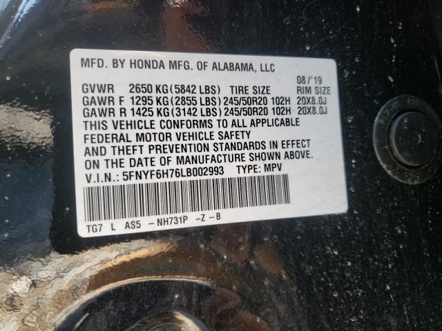 2020 HONDA PILOT BLAC 5FNYF6H76LB002993