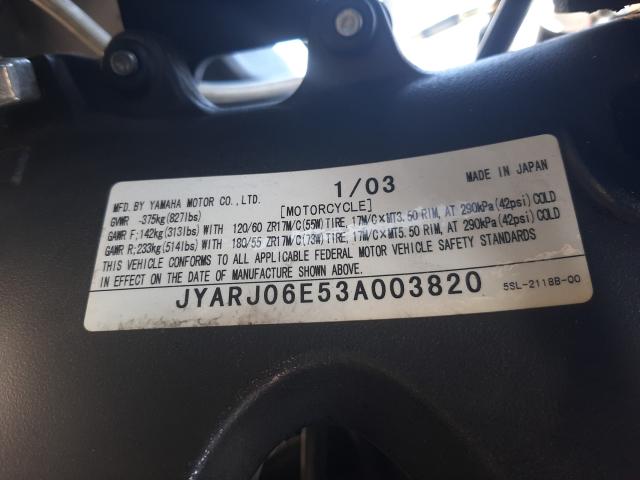 2003 YAMAHA YZFR6 L JYARJ06E53A003820