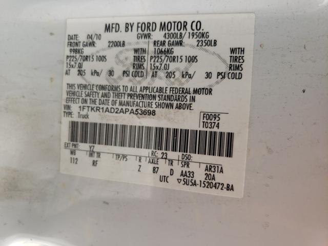 2010 FORD RANGER 1FTKR1AD2APA53698