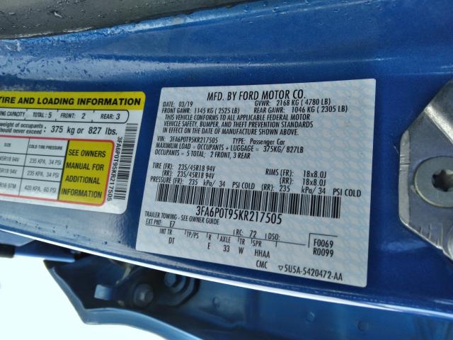 VIN 3FA6P0T95KR217505 2019 Ford Fusion, SE no.10