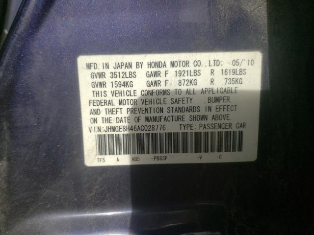 2010 HONDA FIT SPORT JHMGE8H46AC028776