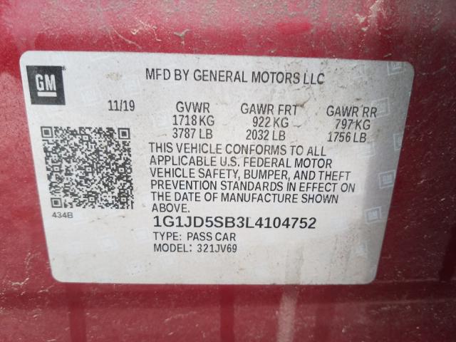2020 CHEVROLET SONIC LT 1G1JD5SB3L4104752