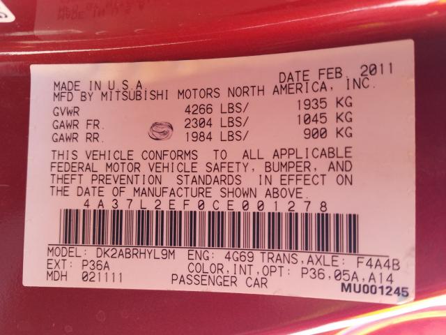 2012 MITSUBISHI ECLIPSE SP 4A37L2EF0CE001278