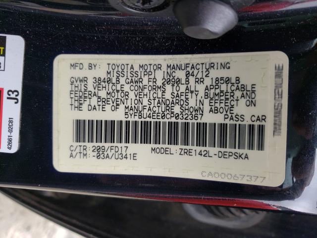2012 TOYOTA COROLLA BA 5YFBU4EE0CP032367