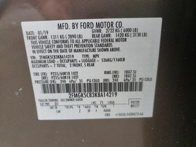 2019 FORD FLEX SEL 2FMGK5C83KBA14219