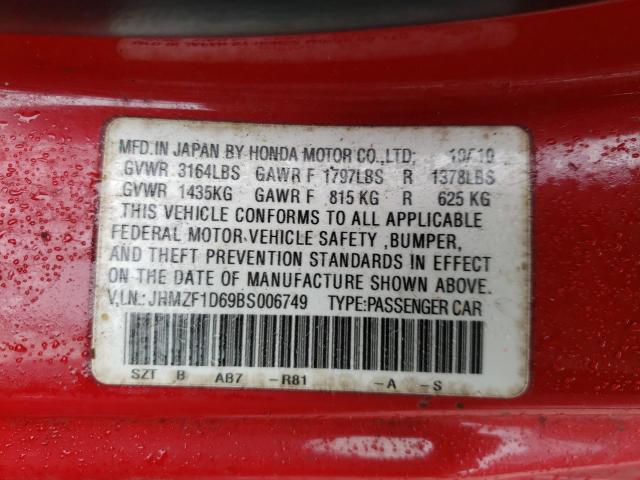 2011 HONDA CR-Z EX JHMZF1D69BS006749