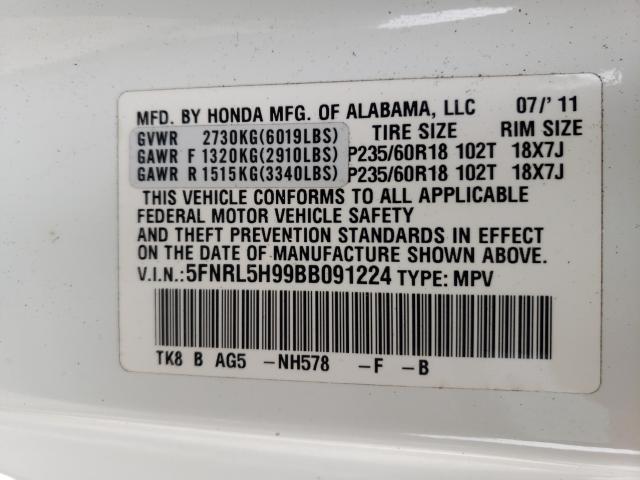 2011 HONDA ODYSSEY TO 5FNRL5H99BB091224