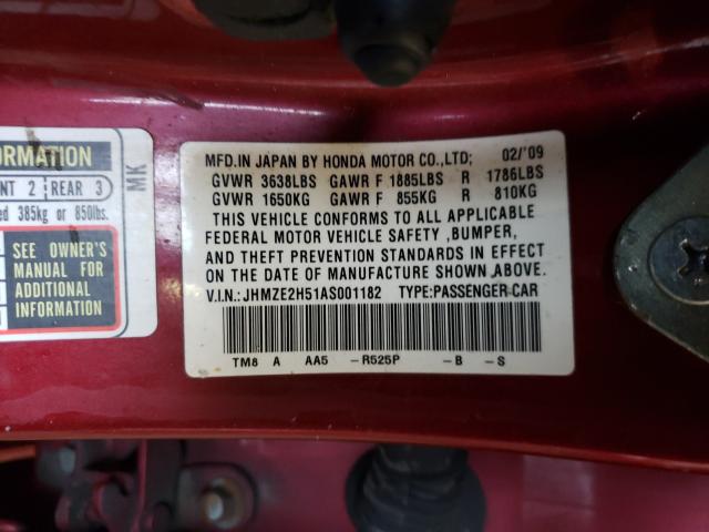 2010 HONDA INSIGHT LX JHMZE2H51AS001182