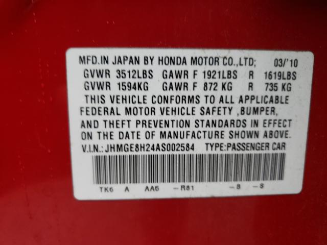 2010 HONDA FIT JHMGE8H24AS002584