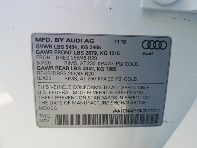 2019 AUDI Q5 PRESTIG WA1CNAFY3K2027017