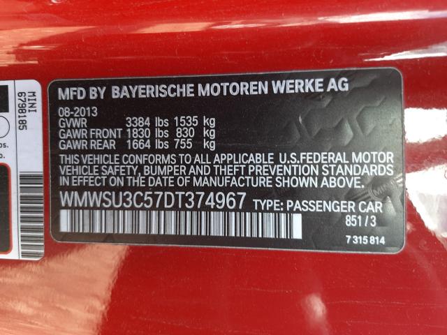 2013 MINI COOPER WMWSU3C57DT374967