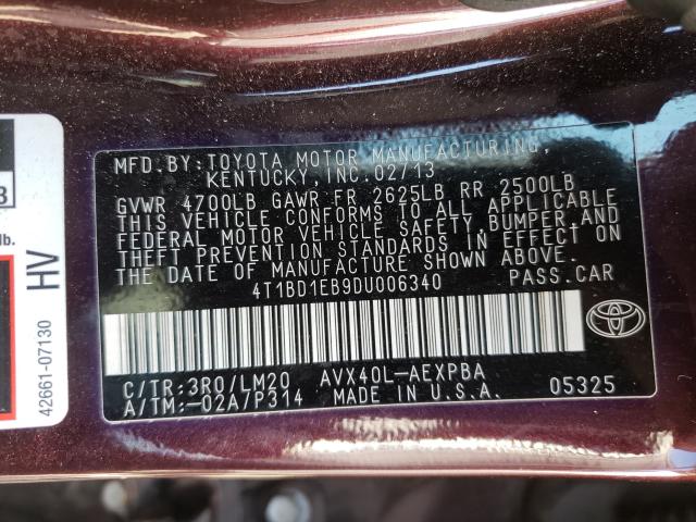 2013 TOYOTA AVALON HYB 4T1BD1EB9DU006340