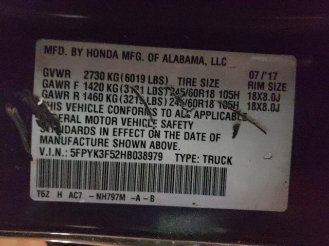 2017 HONDA RIDGELINE 5FPYK3F52HB038979