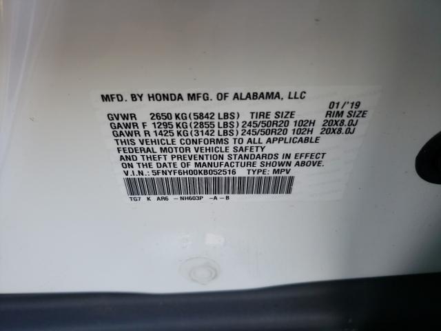 2019 HONDA PILOT ELIT 5FNYF6H00KB052516