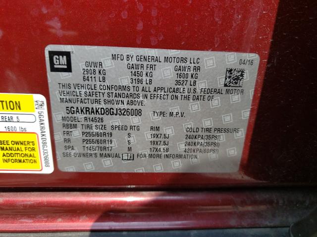 2016 BUICK ENCLAVE 5GAKRAKD8GJ326008