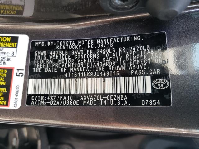 2018 TOYOTA CAMRY L 4T1B11HK8JU148016