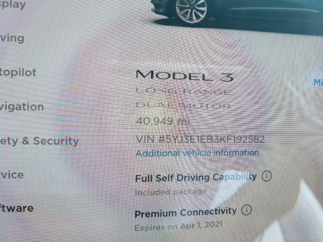 2019 TESLA MODEL 3 5YJ3E1EB3KF192582